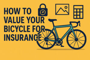 Flat illustration of a road bicycle with icons for upgrades, accessories, and valuation, with text reading “How to Value Your Bicycle for Insurance” on a yellow background.