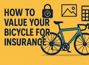 Flat illustration of a road bicycle with icons for upgrades, accessories, and valuation, with text reading “How to Value Your Bicycle for Insurance” on a yellow background.