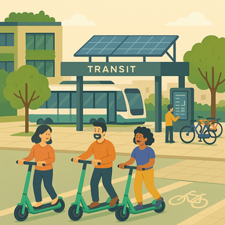 Group of people riding e-scooter